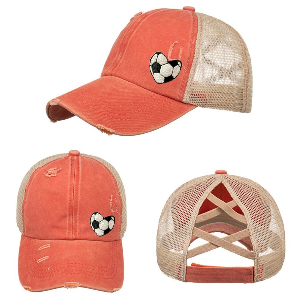 NEW Embroidered Soccer Heart Orange Distressed High Ponytail Trucker Hat